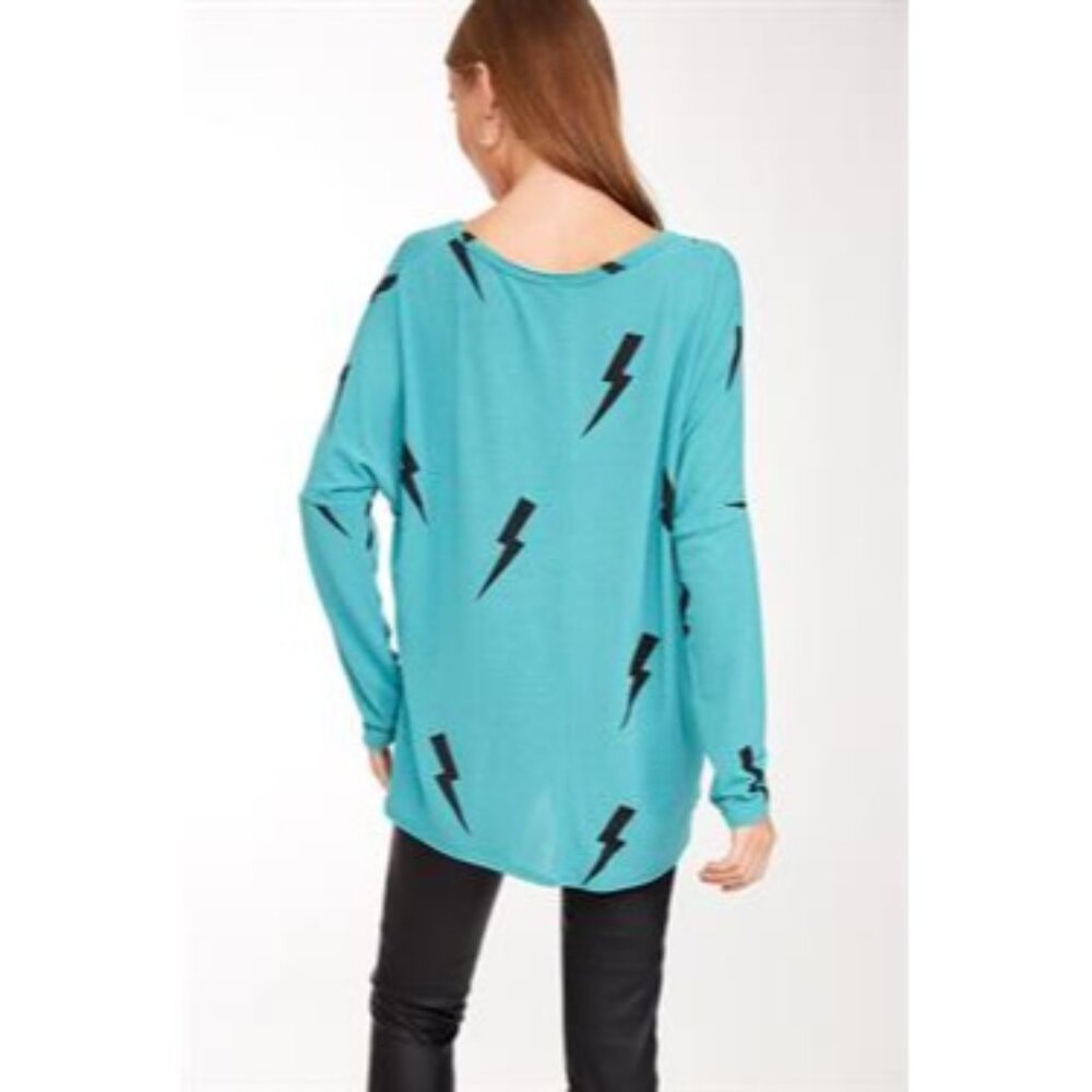 L Love Lightning Bolt Teal Long Dolman Sleeve Stretchy V-neck Top - Picture 4 of 5